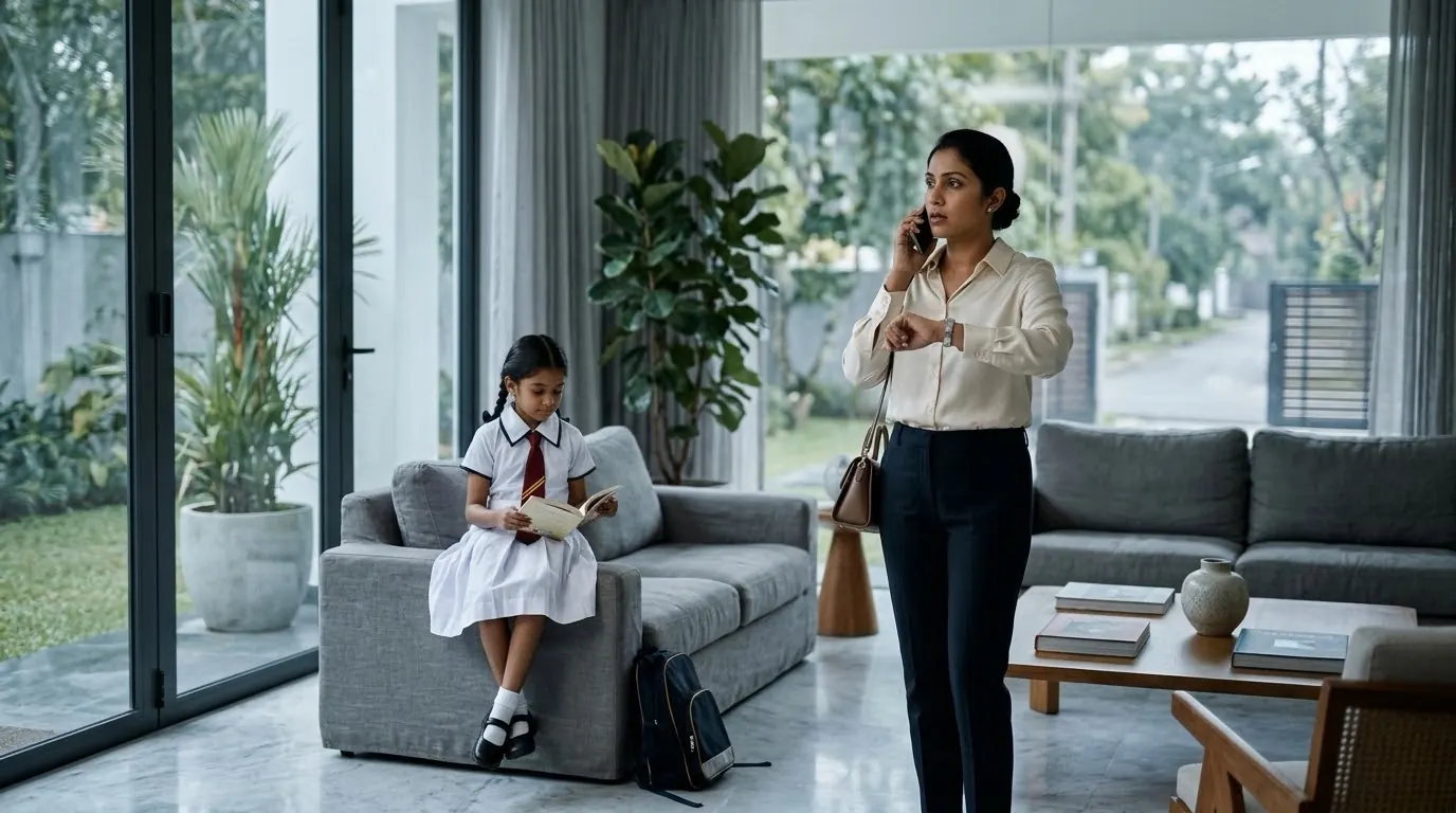 A mother at the window looks at her watch with her phone at her ear while her daughter in school uniform waits behind her. The road outside is empty.