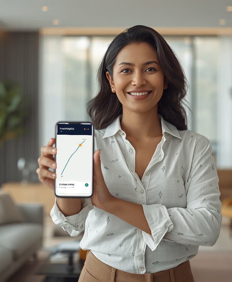 A parent holding up her phone, checking her child's live route on the TrackMyKid app
